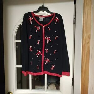 Nouveaux Black Candy Canes Full Zip Sweater Size Women's XL Worn 1 Time